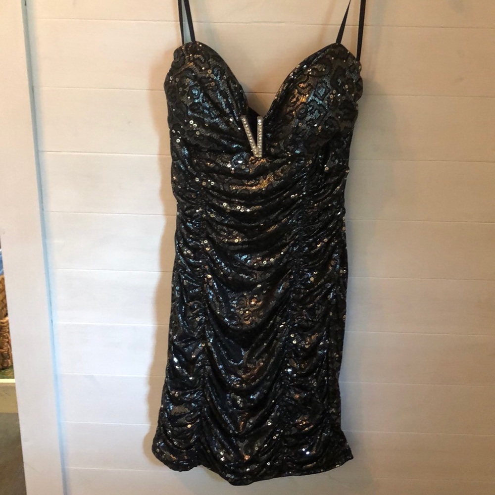 Metallic body con strapless dress